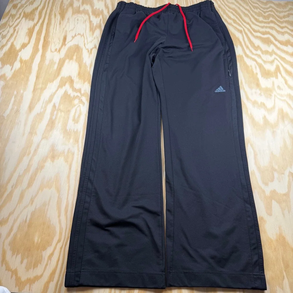Y2K Baggy Adidas Mens L Black Track Pants 3-Stripe Athletic Trousers